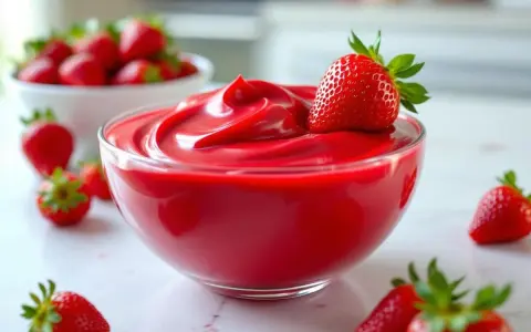 Un bol de ganache fraise onctueuse, garni d'une fraise fraîche. Des fraises parsèment la table.