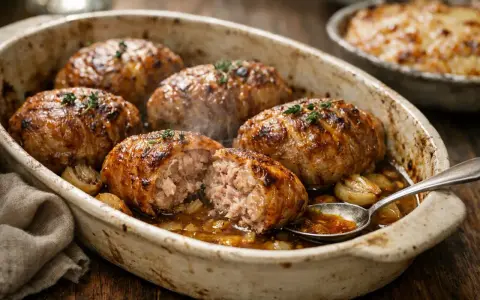 Six savoureuses crepinettes de porc dorées, servies dans un plat en terre cuite avec des oignons caramélisés et une sauce savoureuse.