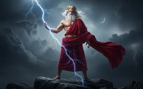 Zeus, mit Blitz in der Hand, trägt eine rote Toga. Seine Aufgaben sind gewaltig, wie der Sturm zeigt.