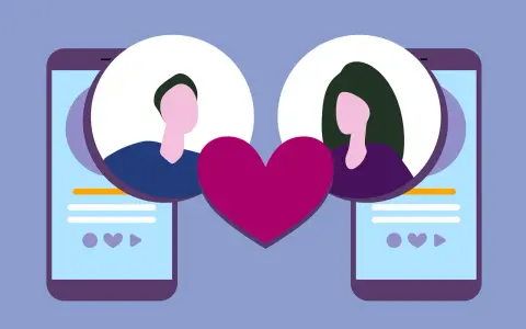 Dwa profile z Tindera, serce i ikony polubień. Miłość w cyfrowym świecie.