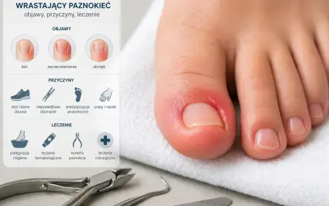 Widok z bliska palca stopy z widocznym zaczerwienieniem i obrzękiem wokół paznokcia, wskazującym na mechaniczne uszkodzenie paznokcia. Obok infografika o wrastających paznokciach.