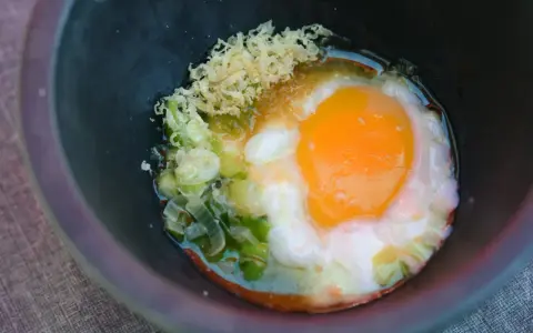 Ein perfekt zubereitetes Onsen-Ei mit Frühlingszwiebeln und geriebenem Ingwer in einer dunklen Schüssel.