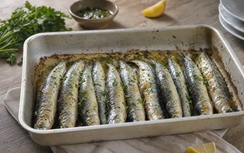 Sardinas al horno recién salidas del horno, con perejil picado y un toque de limón. ¡Un plato delicioso y saludable!