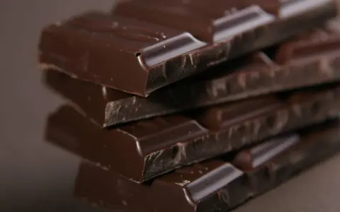 Gestapelte dunkle Schokoladenriegel, die köstlich und e471 vegan aussehen.