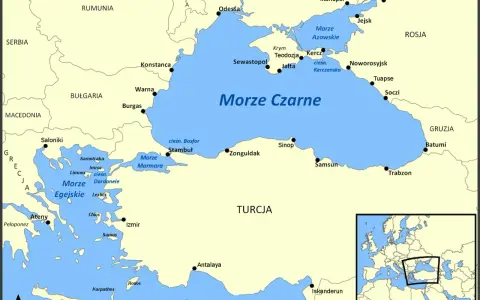 Bułgaria leży nad Morzem Czarnym. Mapa pokazuje wybrzeże z Warną i Burgas.