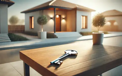 Llave sobre mesa de madera, con casas modernas al fondo. Una oportunidad de alquiler con opción a compra.