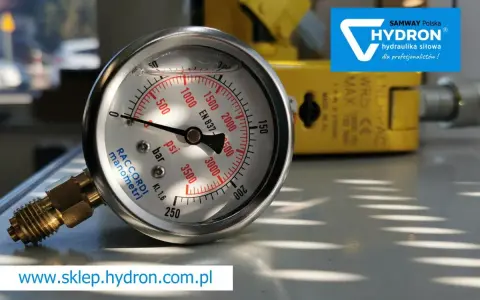 Manometr służy do pomiaru ciśnienia w układach hydraulicznych. Widoczny jest precyzyjny przyrząd z tarczą w barach i psi.