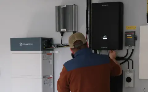 Tekniker kopplar in en ferroamp växelriktare bredvid ett Pylontech batteri.