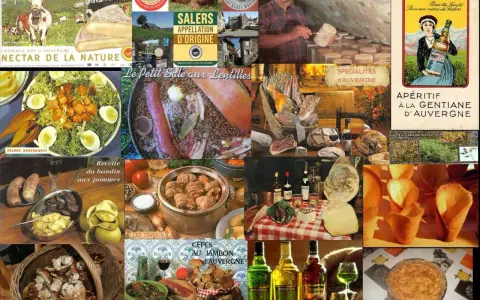 Collage de spécialités auvergnates : fromages, charcuterie, plats traditionnels comme les tripoux, et apéritif à la gentiane.