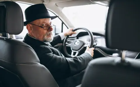 Starszy pan w kapeluszu i okularach prowadzi samochód. W ręku trzyma dowód rejestracyjny, który jest dowodem współwłaściciel.