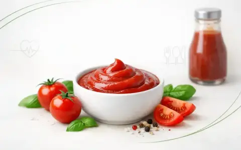 Miseczka pełna ketchupu, pomidory, bazylia i przyprawy. Czy ketchup jest zdrowy? Zależy od składu!