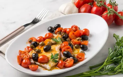 Un succulento pesce spada alla siciliana, condito con pomodorini, olive nere e capperi, guarnito con prezzemolo fresco.
