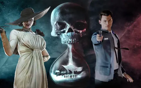 Kobieta w kapeluszu, klepsydra z czaszką i domkiem w środku, oraz android z pistoletem. Klimat gier podobnych do Until Dawn.