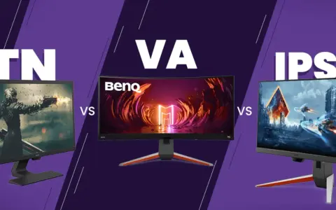 Comparaison d'écrans : TN, VA et IPS. L'écran VA BenQ au centre affiche un paysage futuriste.