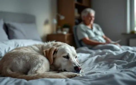 Mon chien, un labrador doré, dort sur le lit. Il me réveille la nuit pour faire ses besoins, mais il est si mignon que je ne peux pas lui en vouloir.
