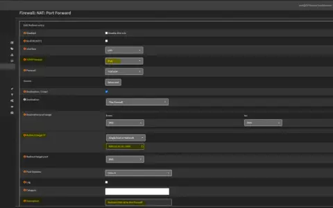 Konfiguration eines IPv4 DNS Servers: Portweiterleitung für TCP/UDP-Verkehr auf der LAN-Schnittstelle, um Anfragen an den Firewall-DNS weiterzuleiten.