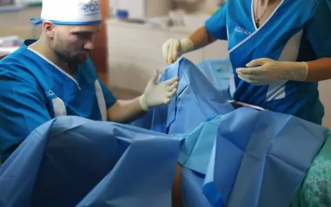 Chirurg i asystentka w rękawiczkach przygotowują się do zabiegu. Zdjęcia nieudana labioplastyka mogą pokazywać takie momenty.