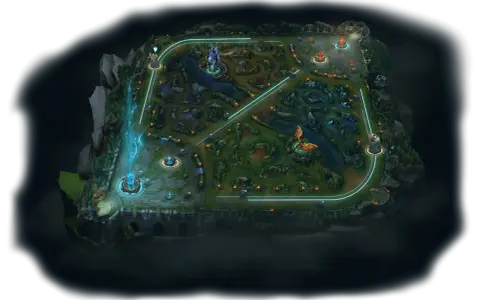 Mapa gry League of Legends z widocznymi ścieżkami, wieżami i bazami.