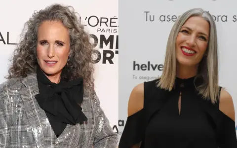 Dos mujeres con pelo canoso. La de la izquierda, con rizos, luce un traje de cuadros y un lazo negro. La de la derecha, con pelo liso, sonríe con labios rojos. Ambas muestran un hermoso ver pelo de 6 meses de transición de las canas.