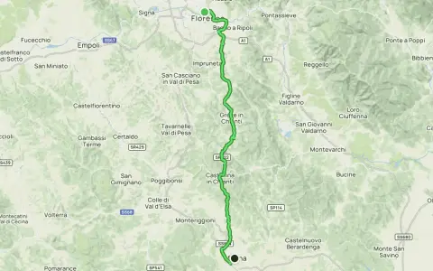 Mappa della strada chiantigiana, un percorso tortuoso che attraversa colline e borghi tra Firenze e Siena.