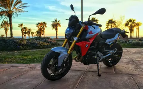 BMW F900R na tle palem i zachodzącego słońca. Idealny motocykl na wakacyjne przejażdżki.