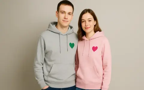 Szara bluza z zielonym sercem dla męża i różowa bluza z różowym sercem dla żony. Idealny komplet dla zakochanych.