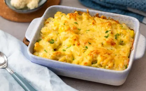 Herzhafter blumenkohl kartoffel auflauf mit geschmolzenem Käse und Petersilie garniert, bereit zum Servieren.