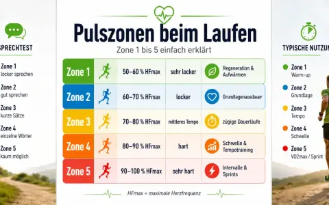 Grafik erklärt Pulszonen beim Laufen für besseres Laufen: Zone 1 (Warm-up) bis Zone 5 (Sprint) mit Sprechtest und typischer Nutzung.