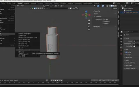 Wybieranie opcji "Motion Capture (.bvh)" z menu "Export" w programie Blender, aby zapisać plik stp.