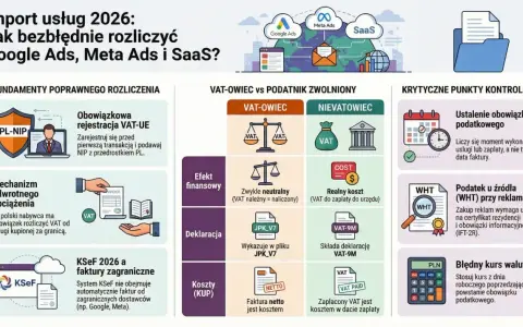 Import usług 2026: rozliczenie Google Ads, Meta Ads i SaaS. Kluczowe punkty: rejestracja VAT-UE, mechanizm odwrotnego obciążenia, KSeF, VAT-owiec vs zwolniony, podatki.