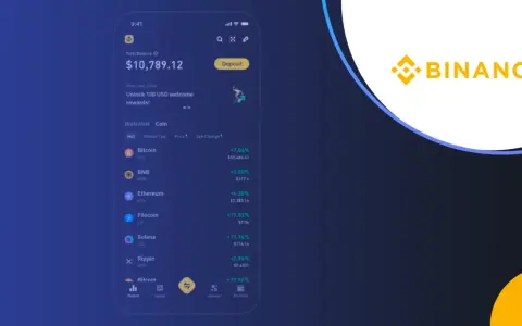 Aplikacja Binance pokazuje portfel z saldem $10,789.12, listę kryptowalut, w tym BNB, oraz logo Binance.