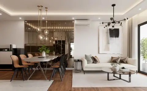 Nowoczesny bungalow z jadalnią i salonem. Lustrzana ściana odbija wiszące lampy, a wygodna sofa zaprasza do relaksu.