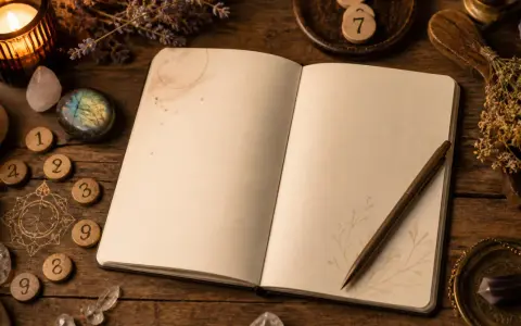 Otwarta księga, świeca, kryształy i drewniane krążki z cyframi. Czy to numerologiczna 10 czy 1?
