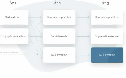 Utbildningsväg som leder till att bli ACT Terapeut. Visar utveckling över tre år, från personlig utveckling till professionell roll.