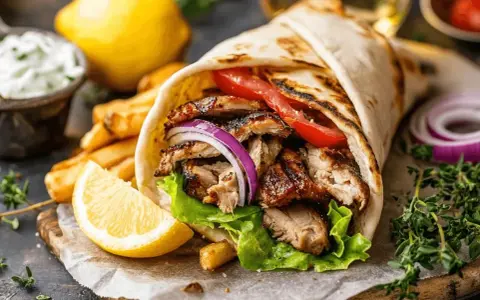 En saftig gyros med grillad kyckling, grönsaker och pommes frites. Perfekt för ett snabbt och gott gyros recept.