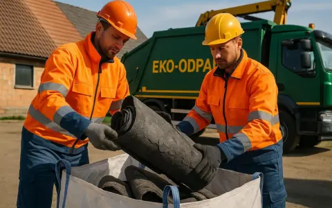 Dwóch pracowników w pomarańczowych kurtkach i kaskach wyjmuje z worka zrolowane materiały. Obok stoi zielona śmieciarka z napisem "EKO-ODPADY". To pszok papa, który trafi do recyklingu.