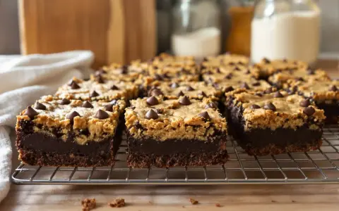 Une rangée de délicieux brookies, parfaits pour une recette facile. Le brownie chocolaté rencontre la pâte à cookie, le tout garni de pépites de chocolat.