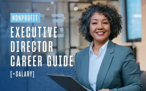 Smiling woman in a suit, with text "Nonprofit Executive Director Career Guide [+Salary]".