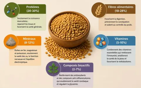 Graines de fenugrec dans un bol, entourées d'informations sur leurs protéines, fibres, minéraux, vitamines et composés bioactifs. Les fenugrec bienfaits sont nombreux pour la santé.