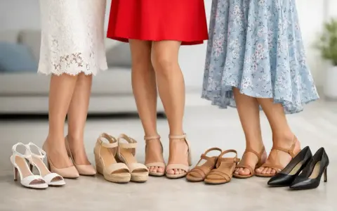 ¿Qué zapatos usar con vestido corto? Tres mujeres muestran opciones: sandalias blancas, cuñas beige, sandalias de tiras y tacones negros.