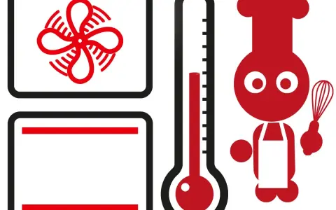 Ofen-Symbole: Lüfter für Umluft, Heizstäbe für Ober-/Unterhitze, Thermometer zeigt 250 Grad. Kochfigur mit Schneebesen.