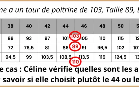 Tableau de mesures pour la couture. Céline consulte les aisances pour choisir sa taille.