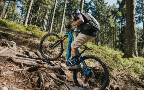 Kolarz na rowerze elektrycznym z napędem Bosch Performance Line CX pokonuje kamienisty, leśny szlak.