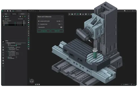 Interfaccia di progettazione CAD per fresatura a 5 assi, con modello 3D di una macchina utensile e dettagli di setup.