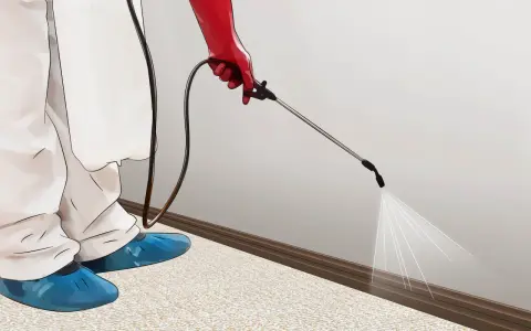 Persona con traje protector y guantes rojos rocía insecticida en la base de una pared para combatir plagas de pulgas.