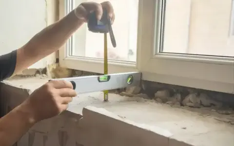 Ręce mierzą taśmą i poziomują, by wiedzieć, jak zmierzyć parapet wewnętrzny.