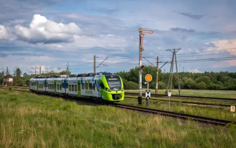 Zielony pociąg hybrydowy PKP jedzie po torach wśród zielonych pól. W tle las i chmury.