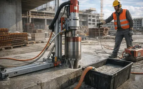 Robot budowlany wykonuje wiercenie dużych otworów w ścianie. Woda chłodzi wiertło i odprowadzana jest do pojemnika.