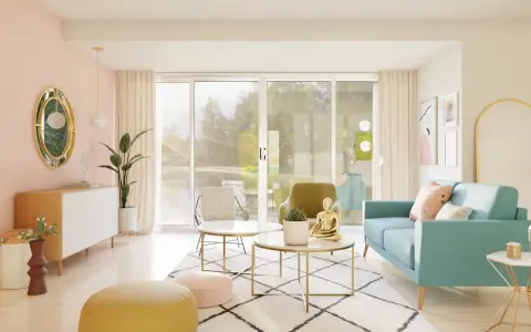 Un salón eclectico con sofá turquesa, mesa de centro dorada, pufs coloridos y un espejo ovalado.