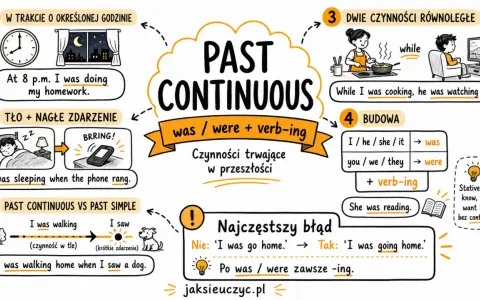 Ilustracja wyjaśnia, kiedy past continuous jest używany: do czynności trwających w przeszłości, np. "I was doing homework".